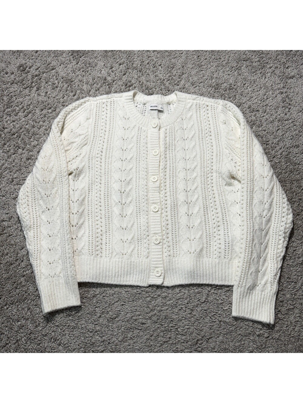 Hollister Womens White Cable Knit Pointelle Cardigan Sweater Dainty Coquette LG